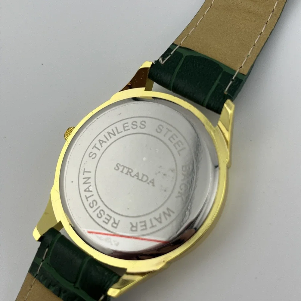 Strada Watch Women 40mm Gold‎ Case MOP Green Faux Leather Band- New Battery